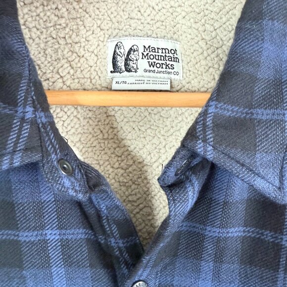 Marmot Ridgefield Heavyweight Flannel Sherpa Lined Snap Jacket Mens XL Blue - Picture 2 of 9